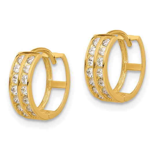 14K Yellow Gold Polished Two Row CZ 4mm Hinged Hoop Earrings