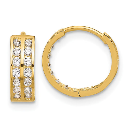 14K Yellow Gold Polished Two Row CZ 4mm Hinged Hoop Earrings