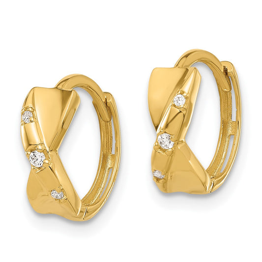 14K Yellow Gold Polished CZ Criss Cross Twist Hinged Hoop Earrings