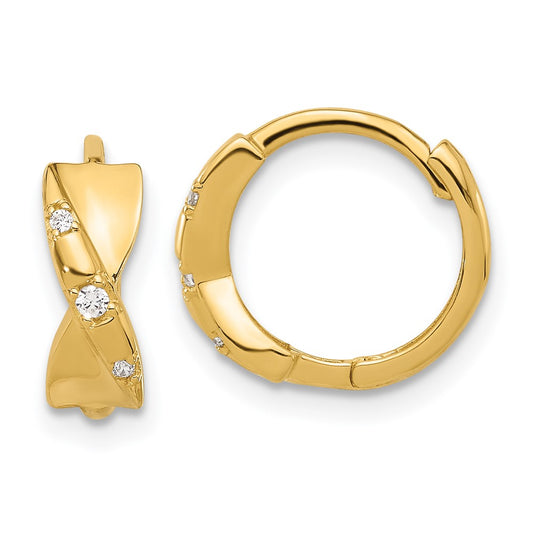 14K Yellow Gold Polished CZ Criss Cross Twist Hinged Hoop Earrings