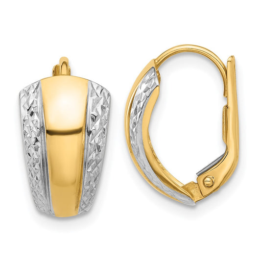 14K Two-Tone Gold Polished and Diamond-cut Leverback Earrings