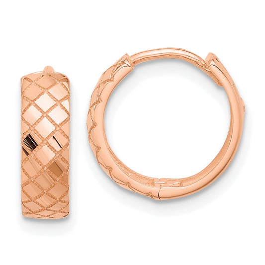 14K Rose Gold Polished and Etched Hinged Hoop Earrings