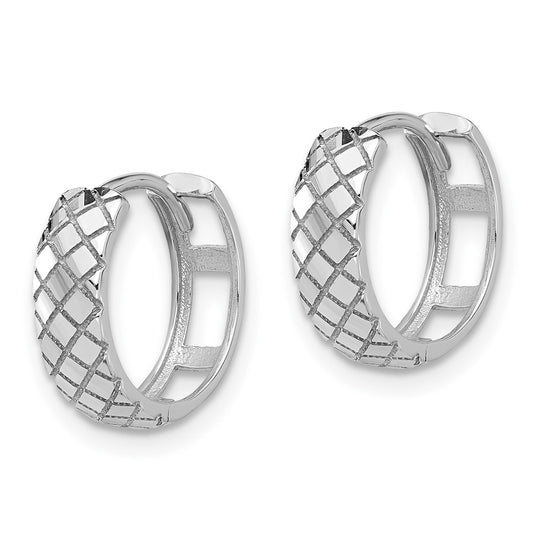 14K White Gold Polished and Etched Hinged Hoop Earrings