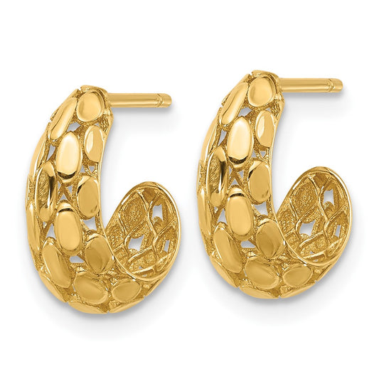 14K Yellow Gold Textured J Hoop Post Earrings