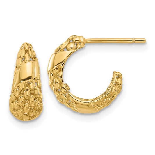 14K Yellow Gold Textured J Hoop Post Earrings