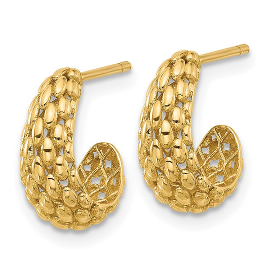 14K Yellow Gold Textured J Hoop Post Earrings