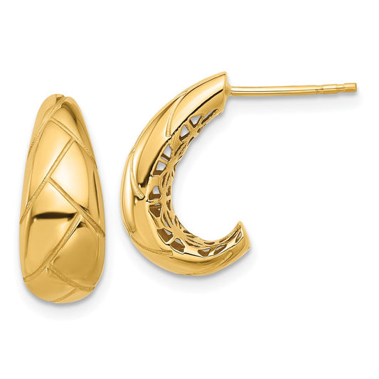 14K Yellow Gold Polished and Etched J-Hoop Post Earrings