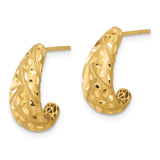 14K Yellow Gold Polished Satin and Diamond-cut J-Hoop Earrings