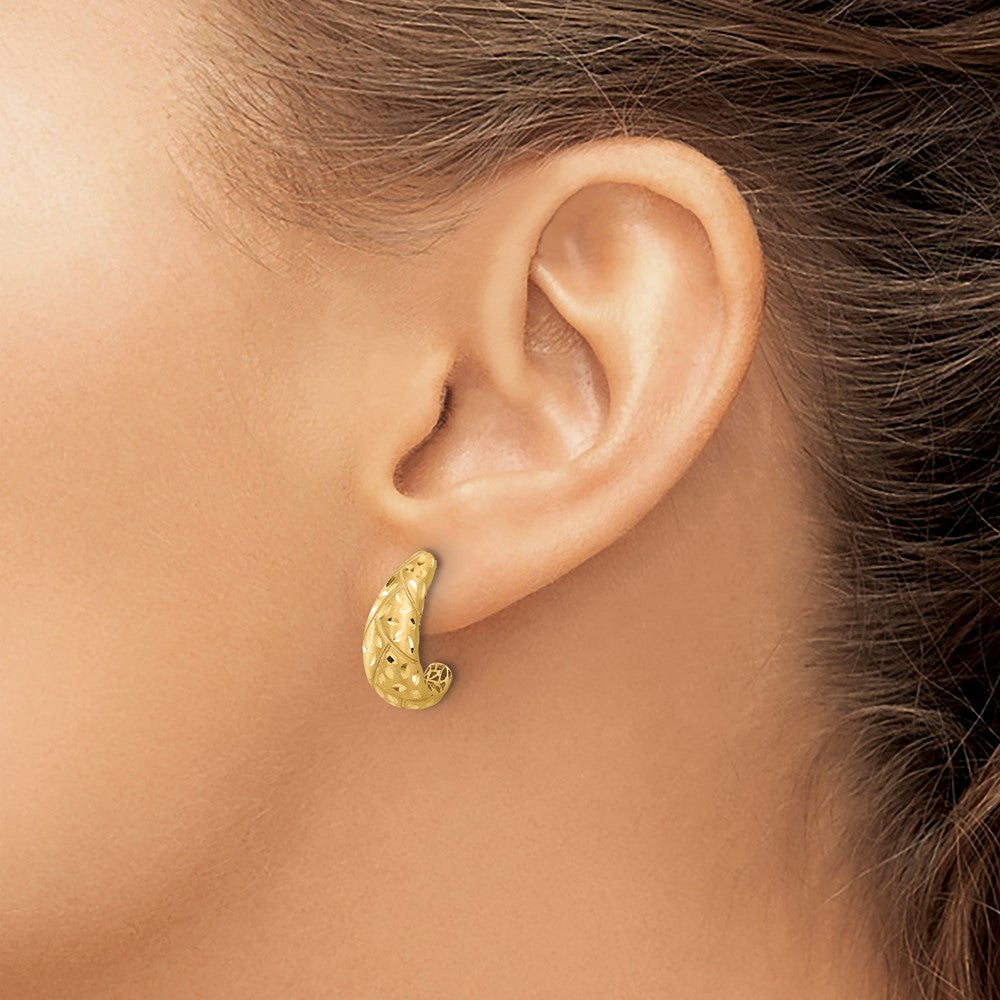 14K Yellow Gold Polished Satin and Diamond-cut J-Hoop Earrings