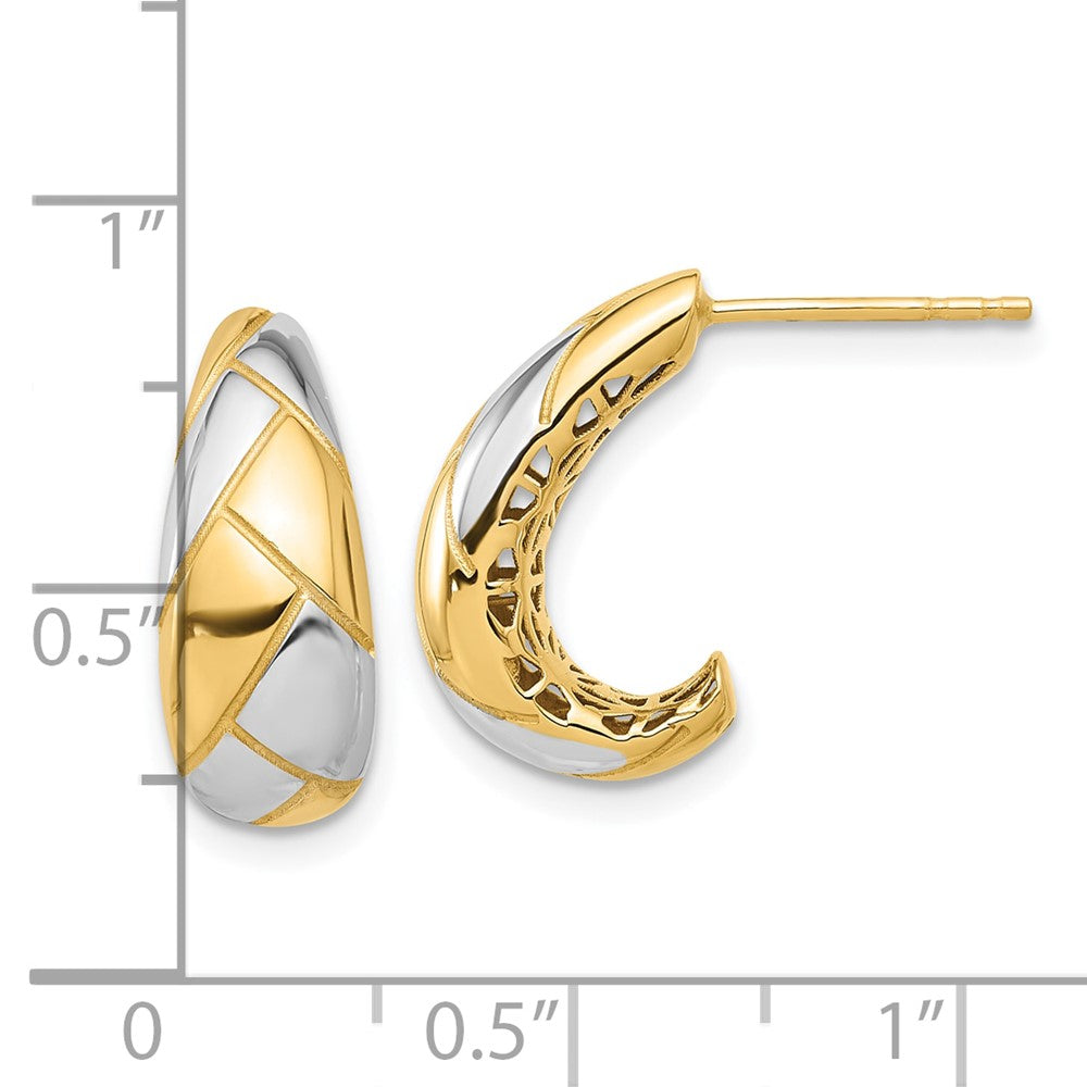 14K Two-Tone Gold Polished and Etched J-Hoop Post Earrings