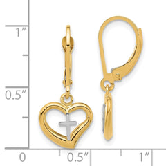 14K Two-Tone Gold Polished Cross in Heart Leverback Dangle Earrings