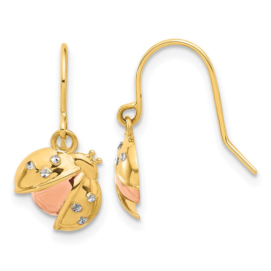 14K Tri-Color Gold Diamond-cut Ladybug Dangle Earrings
