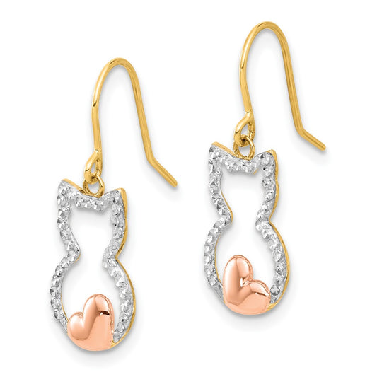 14K Tri-Color Gold Diamond-cut Cat Outline Dangle Earrings