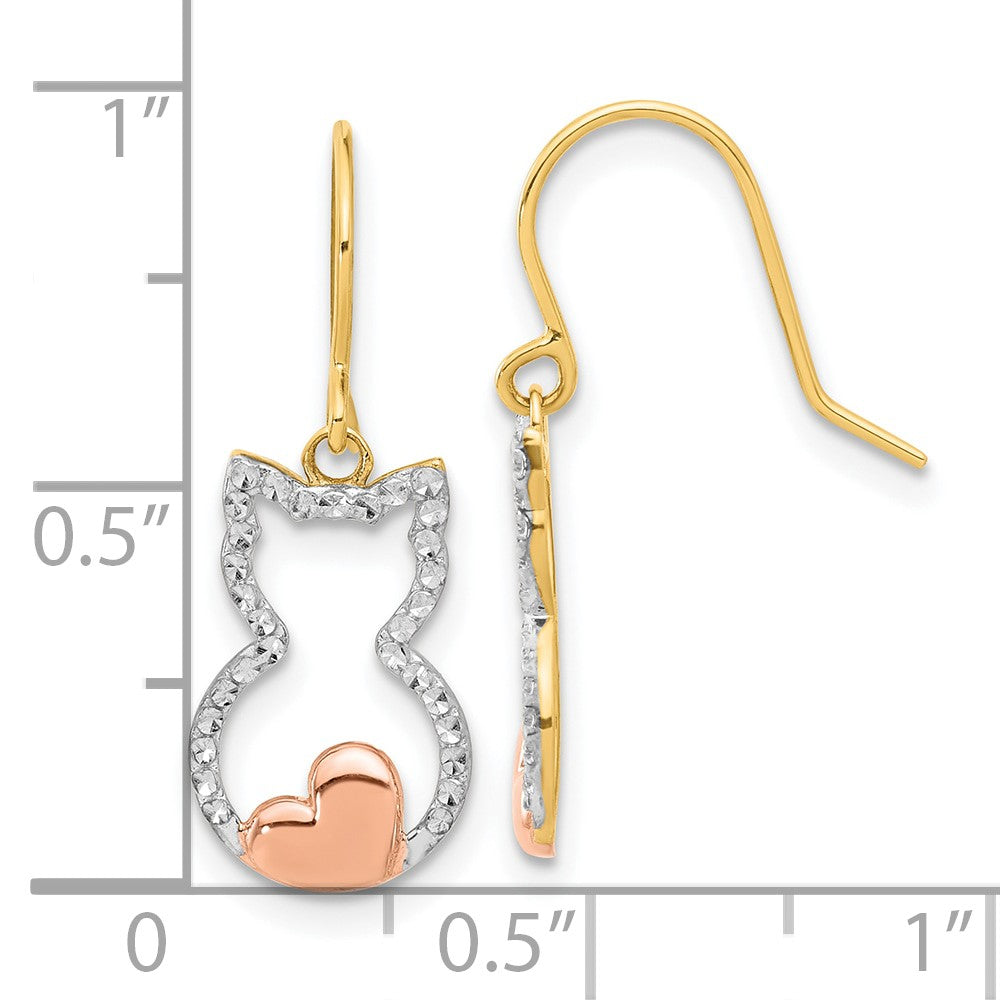 14K Tri-Color Gold Diamond-cut Cat Outline Dangle Earrings