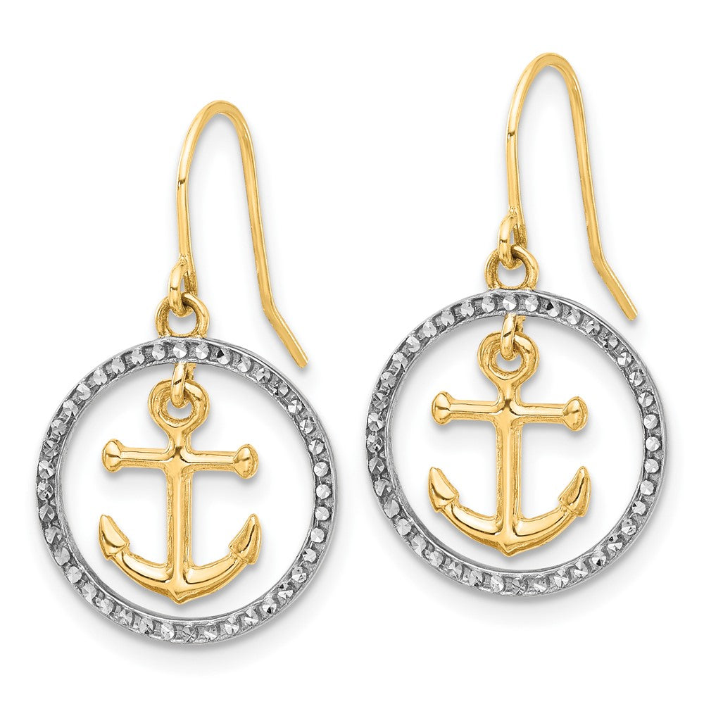 14K Two-Tone Gold Diamond-cut Anchor Dangle in Circle Dangle Earrings