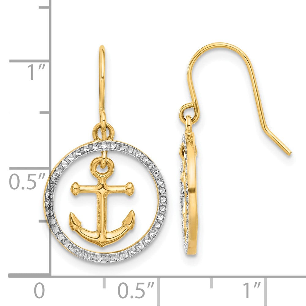 14K Two-Tone Gold Diamond-cut Anchor Dangle in Circle Dangle Earrings