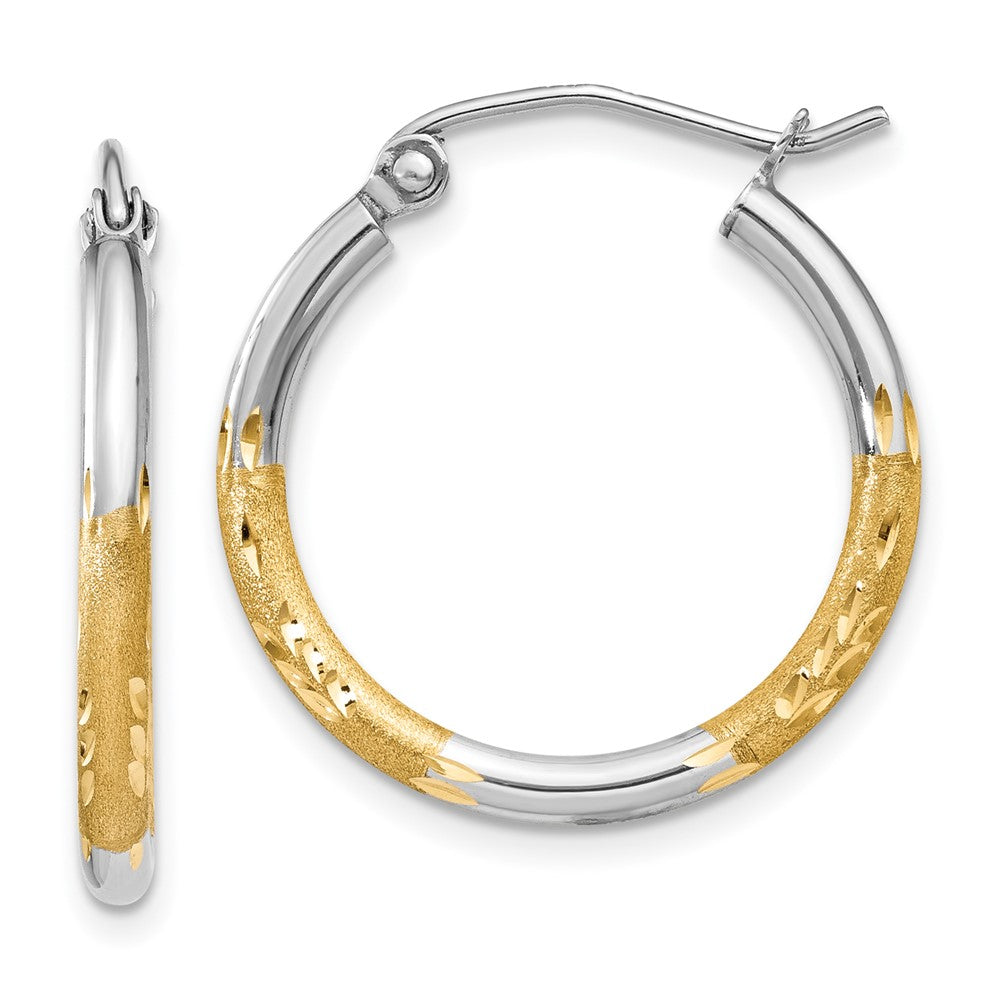 14K Two-Tone Gold 2mm Satin and Polished Diamond-cut Hoop Earrings