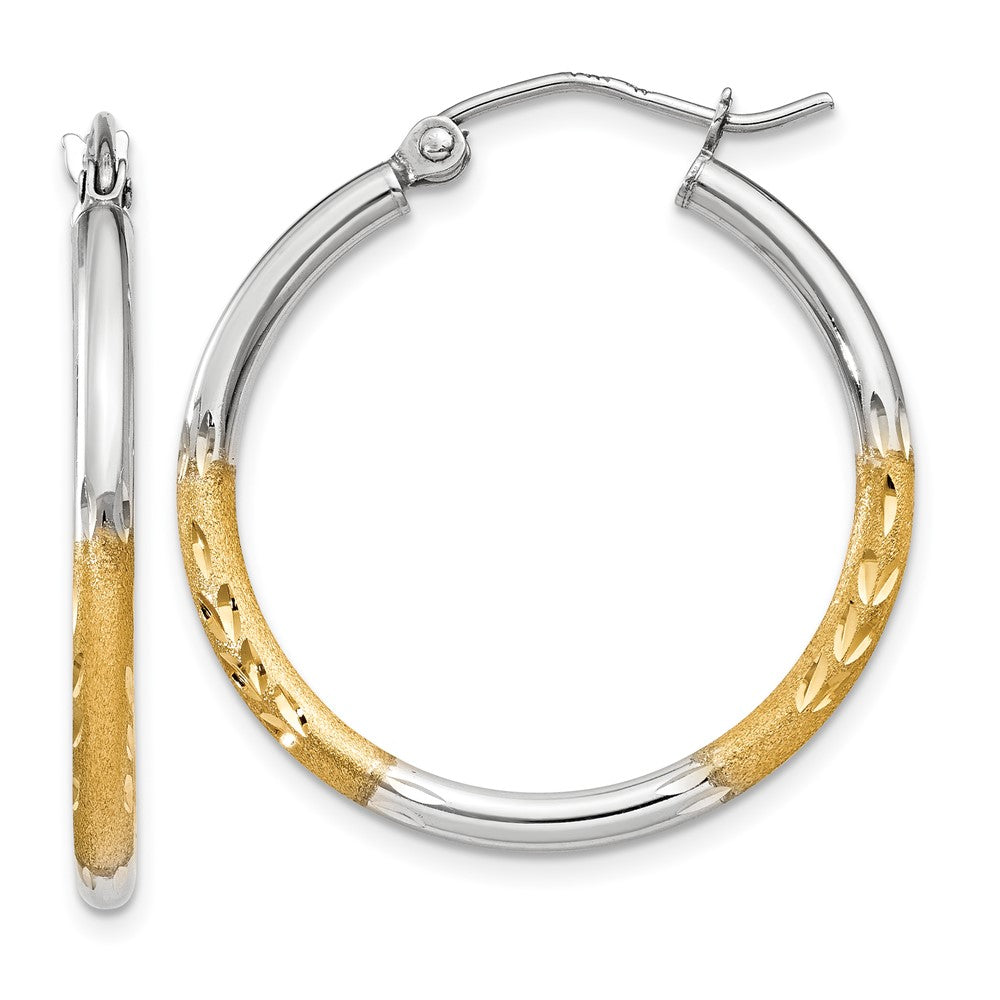 14K Two-Tone Gold 2mm Satin and Polished Diamond-cut Hoop Earrings