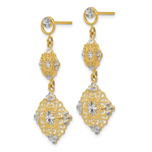 14K Two-Tone Gold Diamond-cut Filigree Dangle Earrings