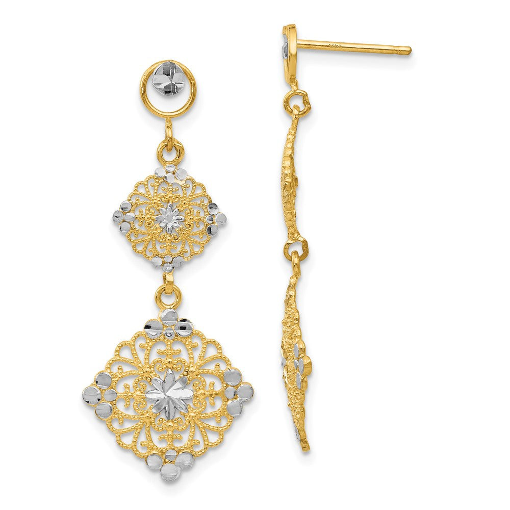 14K Two-Tone Gold Diamond-cut Filigree Dangle Earrings