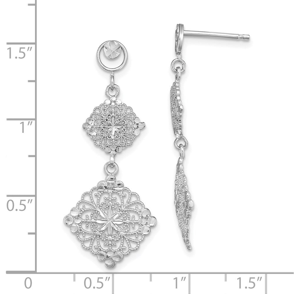 14K White Gold Diamond-cut Filigree Medallion Drop Earrings