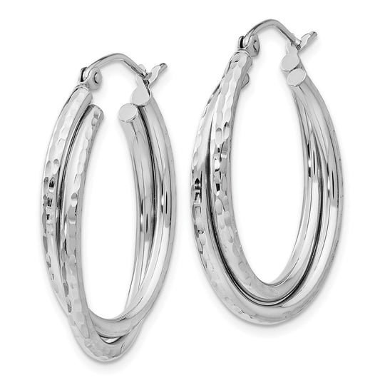 14K White Gold Diamond-cut Polished Oval Hoop Earrings