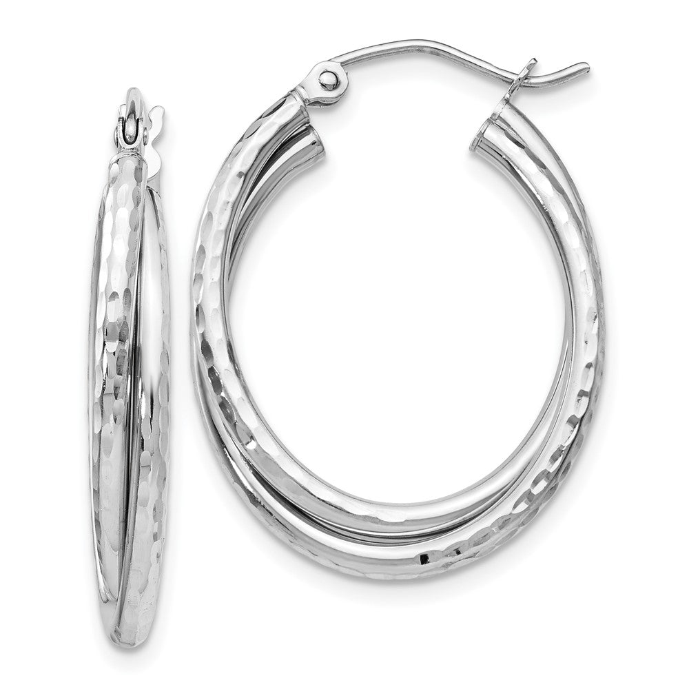 14K White Gold Diamond-cut Polished Oval Hoop Earrings