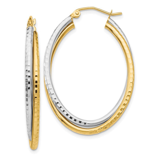 14K Two-Tone Gold Diamond-cut Polished Oval Hoop Earrings
