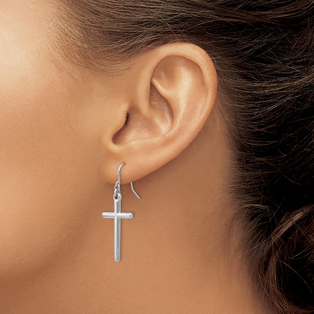 14K White Gold Hollow Cross Dangle Earrings