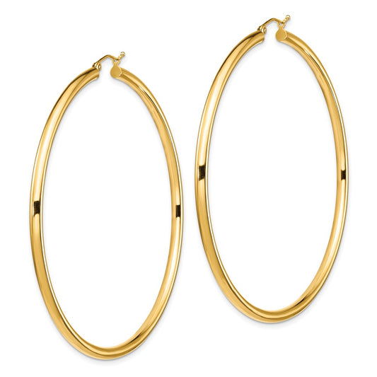 14K Yellow Gold Polished 3x70mm Lightweight Tube Hoop Earrings