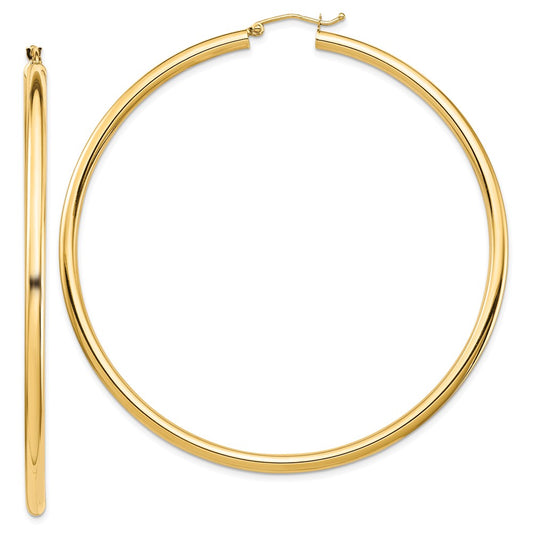 14K Yellow Gold Polished 3x70mm Lightweight Tube Hoop Earrings