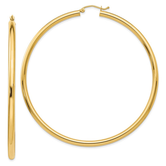 14K Yellow Gold Polished 3x70mm Tube Hoop Earrings