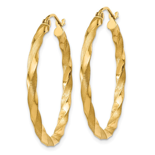 14K Yellow Gold Polished & Satin Twisted Hoop Earrings