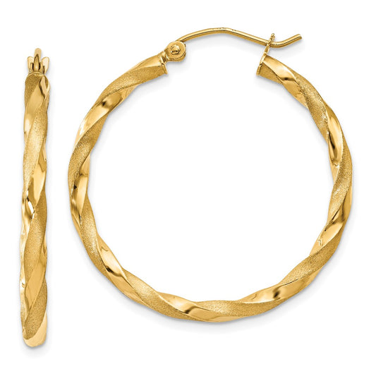 14K Yellow Gold Polished & Satin Twisted Hoop Earrings