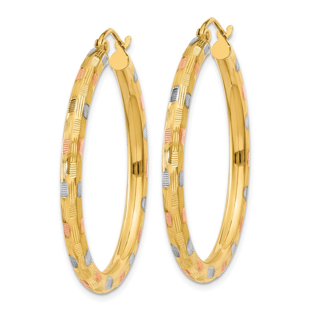 14K Tri-Color Gold Diamond-cut Hoop Earrings