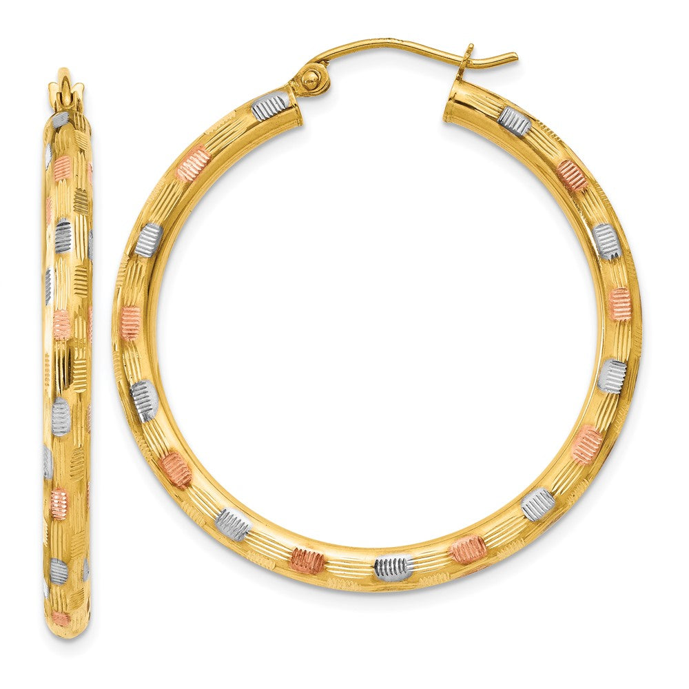 14K Tri-Color Gold Diamond-cut Hoop Earrings