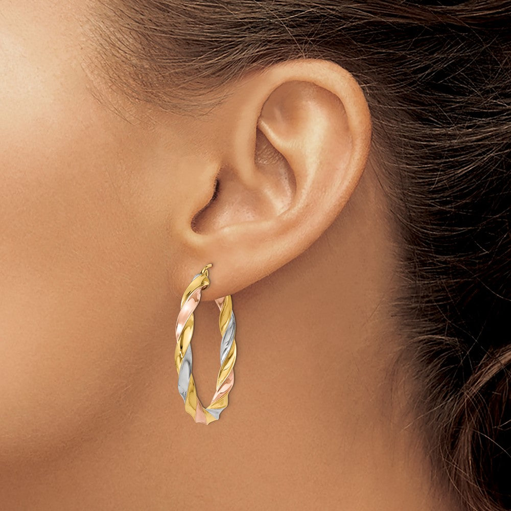 14K Tri-Color Gold Light Twisted Hoop Earrings