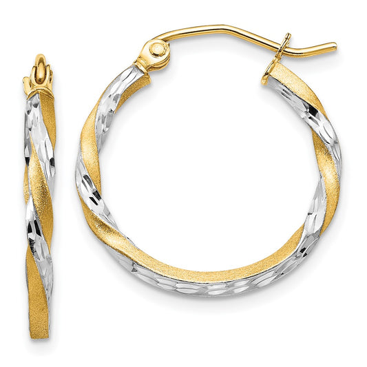 14K Two-Tone Gold Satin Diamond-cut Twisted Hoop Earrings