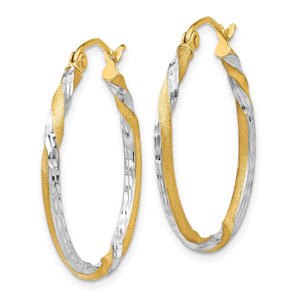 14K Two-Tone Gold Satin Diamond-cut Twisted Hoop Earrings