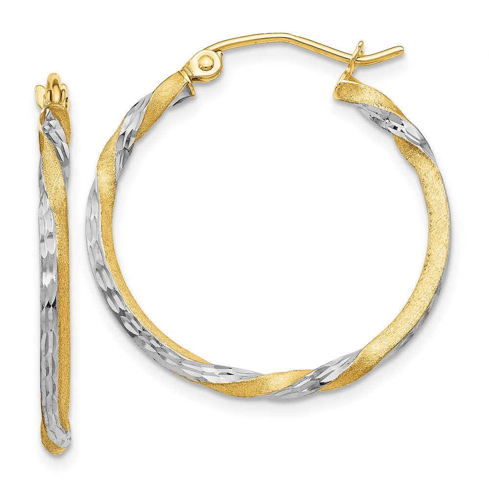 14K Two-Tone Gold Satin Diamond-cut Twisted Hoop Earrings