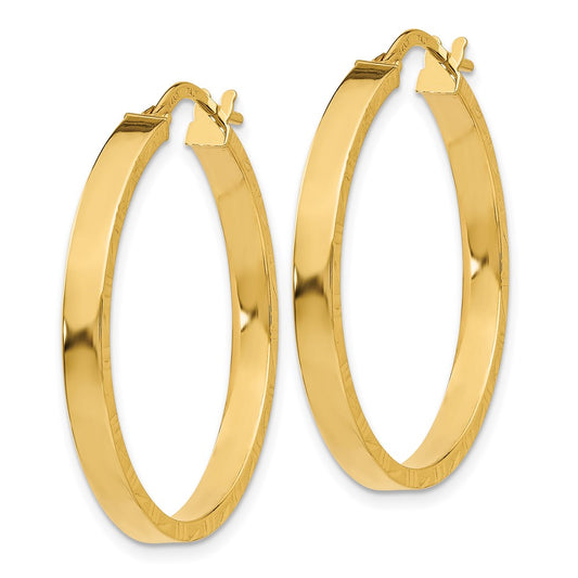 14K Yellow Gold Diamond-cut Edge Large 3mm Polished Hoop Earrings