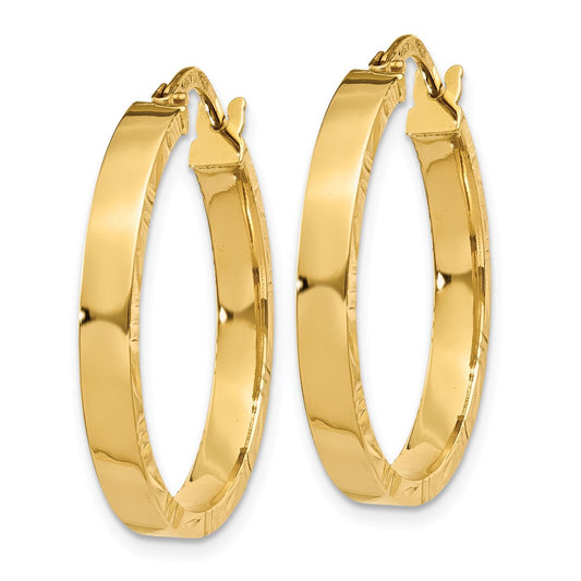 14K Yellow Gold Diamond-cut Edge Medium 3mm Polished Hoop Earrings