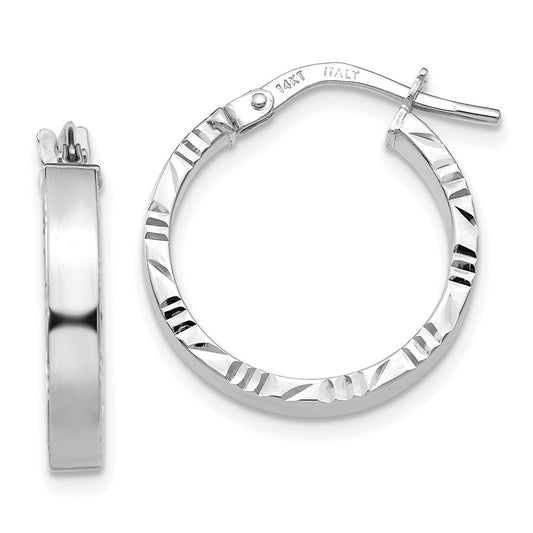 14K White Gold Small 3mm Diamond-cut Edge Polished Hoop Earrings