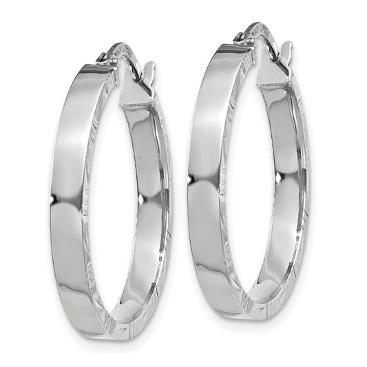 14K White Gold Diamond-cut Edge Medium 3mm Polished Hoop Earrings