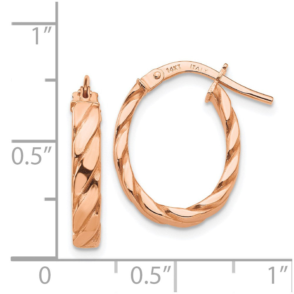 14K Rose Gold 3mm Patterned Oval Hoop Earrings