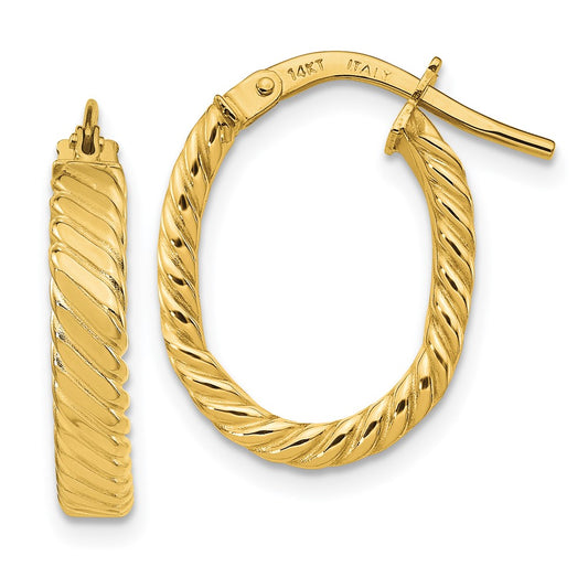 14K Yellow Gold 3mm Patterned Oval Hoop Earrings