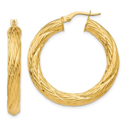 14K Yellow Gold Textured Tube Hoop Earrings