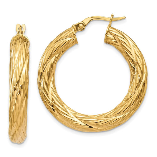 14K Yellow Gold Textured Tube Hoop Earrings