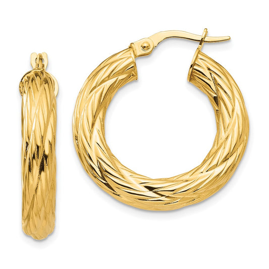 14K Yellow Gold Textured Tube Hoop Earrings