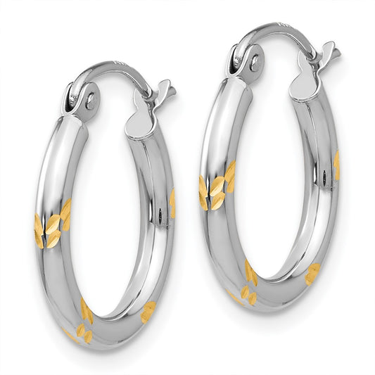 14K White Gold and Yellow Rhodium Diamond-cut Hoop Earrings